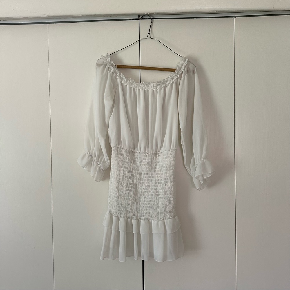 Bridal White Off-Shoulder Mini Dress with Ruching/Smocked Waist